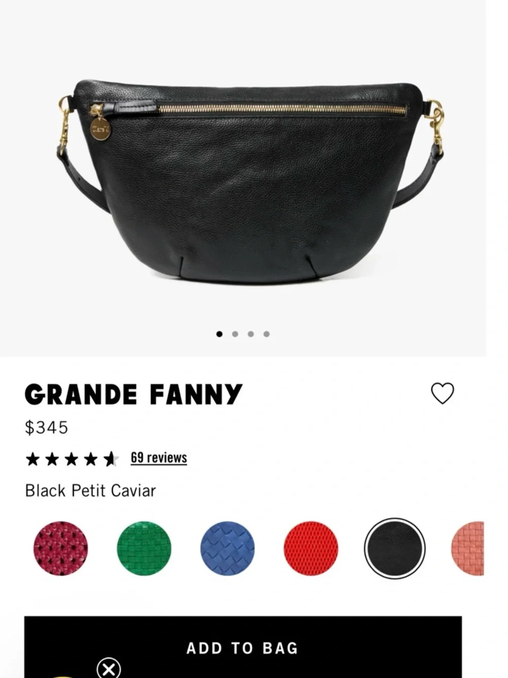 Claire V Black Leather Crossbody “Granny Fanny” Belt Bag with Red Zip Accent - Picture 2 of 3